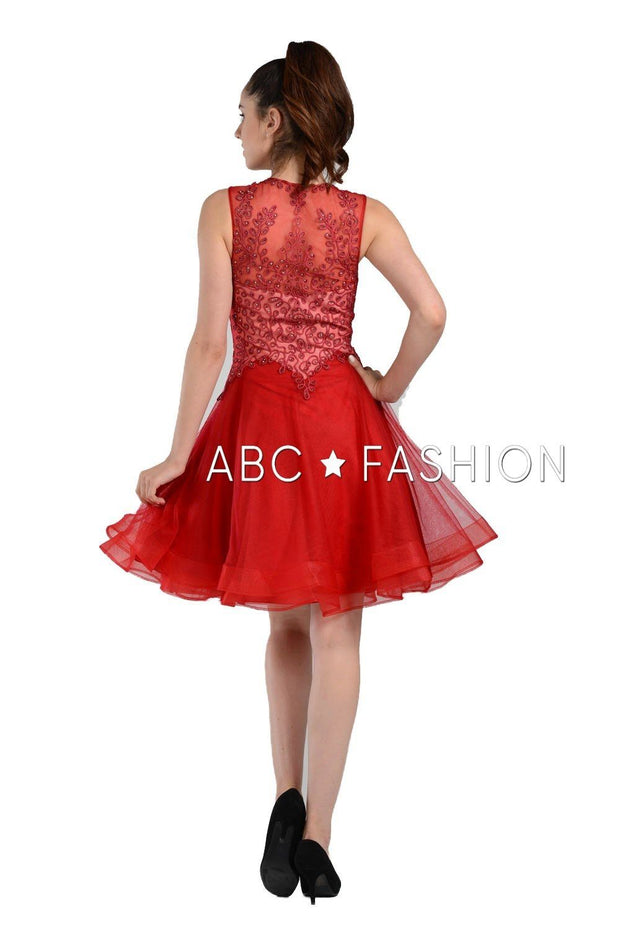Short V-Neck Dress with Embroidered Bodice by Poly USA 8072-Short Cocktail Dresses-ABC Fashion
