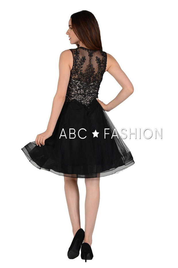 Short V-Neck Dress with Embroidered Bodice by Poly USA 8072-Short Cocktail Dresses-ABC Fashion