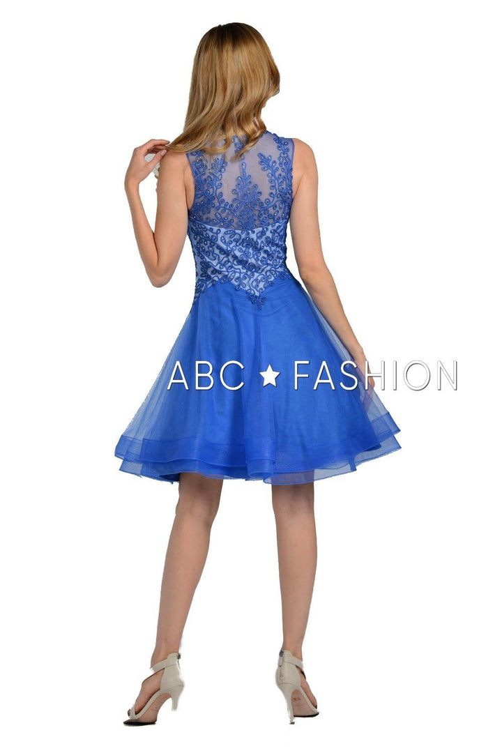 Short V-Neck Dress with Embroidered Bodice by Poly USA 8072-Short Cocktail Dresses-ABC Fashion