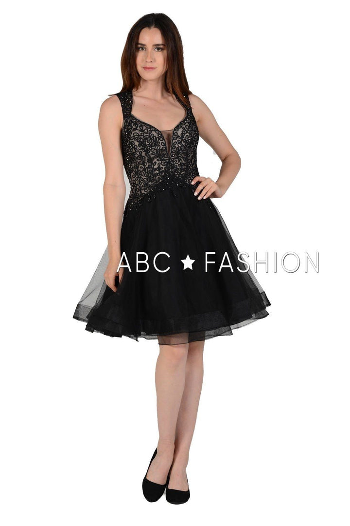 Short V-Neck Dress with Embroidered Bodice by Poly USA 8072-Short Cocktail Dresses-ABC Fashion