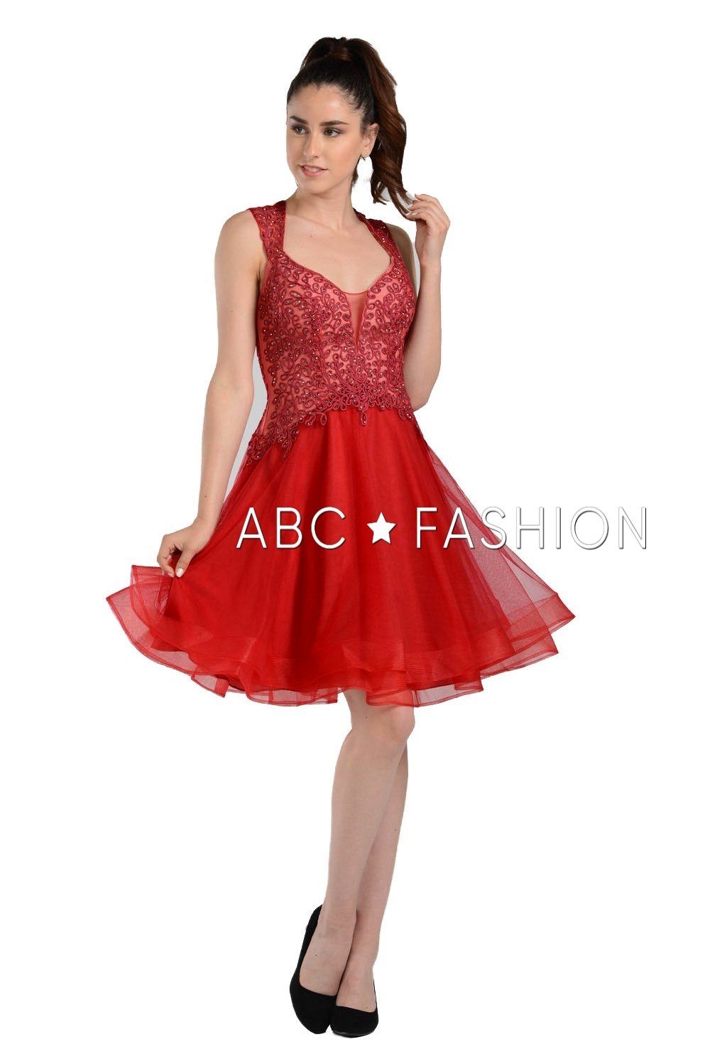 Short V-Neck Dress with Embroidered Bodice by Poly USA 8072-Short Cocktail Dresses-ABC Fashion