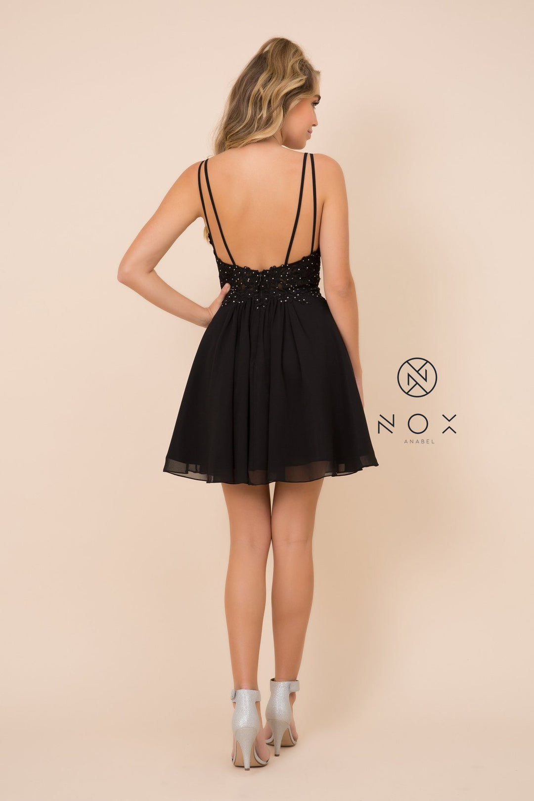 Short V-Neck Dress with Lace Bodice by Nox Anabel G679