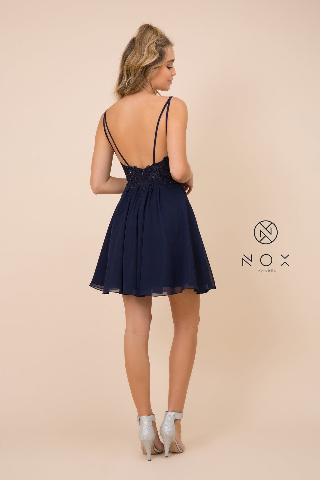 Short V-Neck Dress with Lace Bodice by Nox Anabel G679
