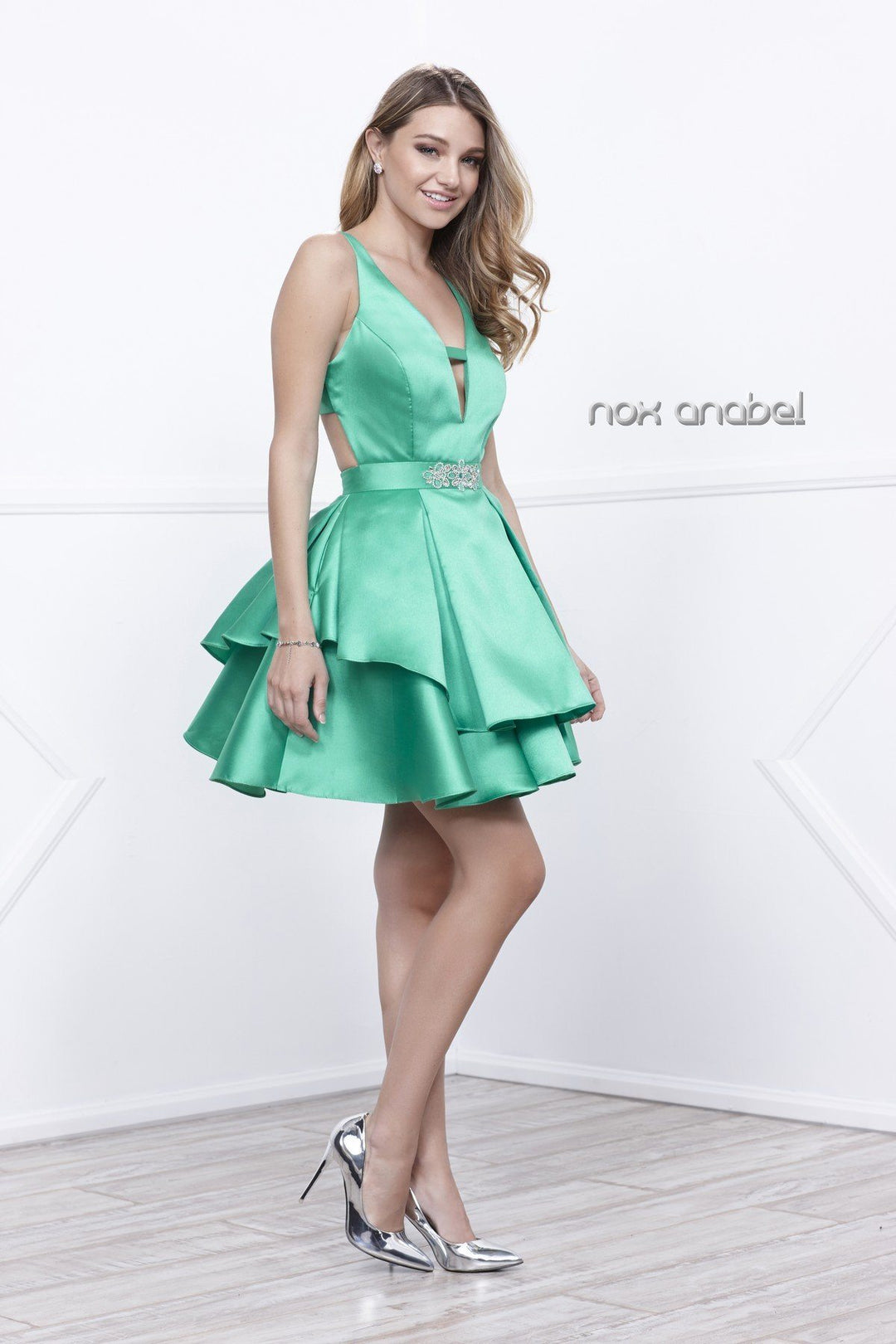 Short V-Neck Dress with Peplum Skirt by Nox Anabel 6283-Short Cocktail Dresses-ABC Fashion