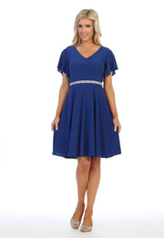 Short V-Neck Jersey Dress with Flutter Sleeves by Celavie 6413-Short Cocktail Dresses-ABC Fashion