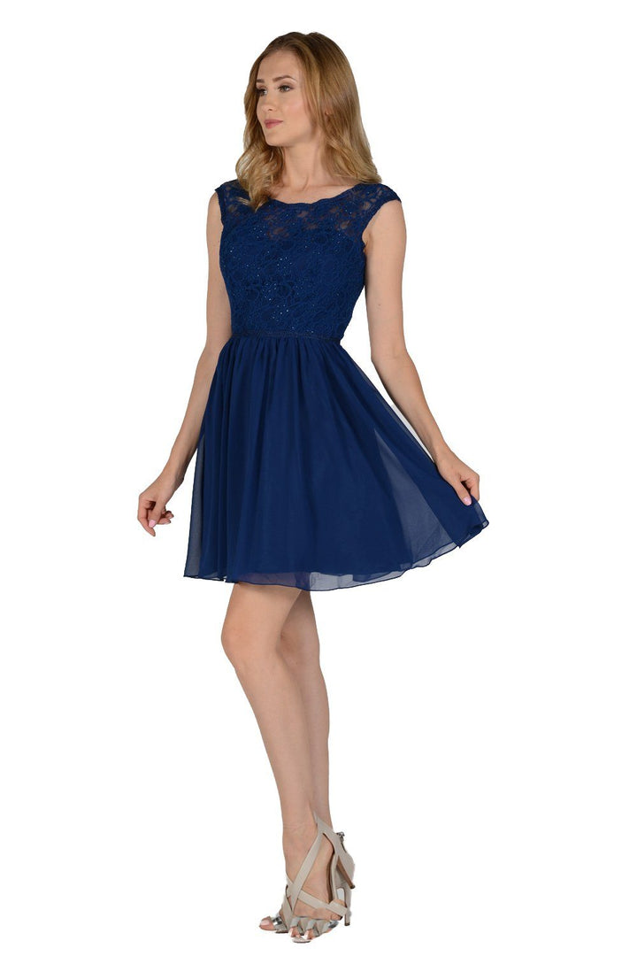 Short White Chiffon Dress with Lace Bodice by Poly USA-Short Cocktail Dresses-ABC Fashion