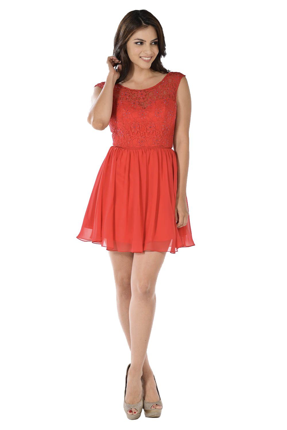 Short White Chiffon Dress with Lace Bodice by Poly USA-Short Cocktail Dresses-ABC Fashion
