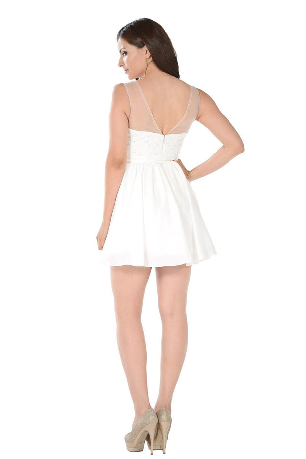 Short White Dress with Illusion Lace Bodice by Poly USA-Short Cocktail Dresses-ABC Fashion