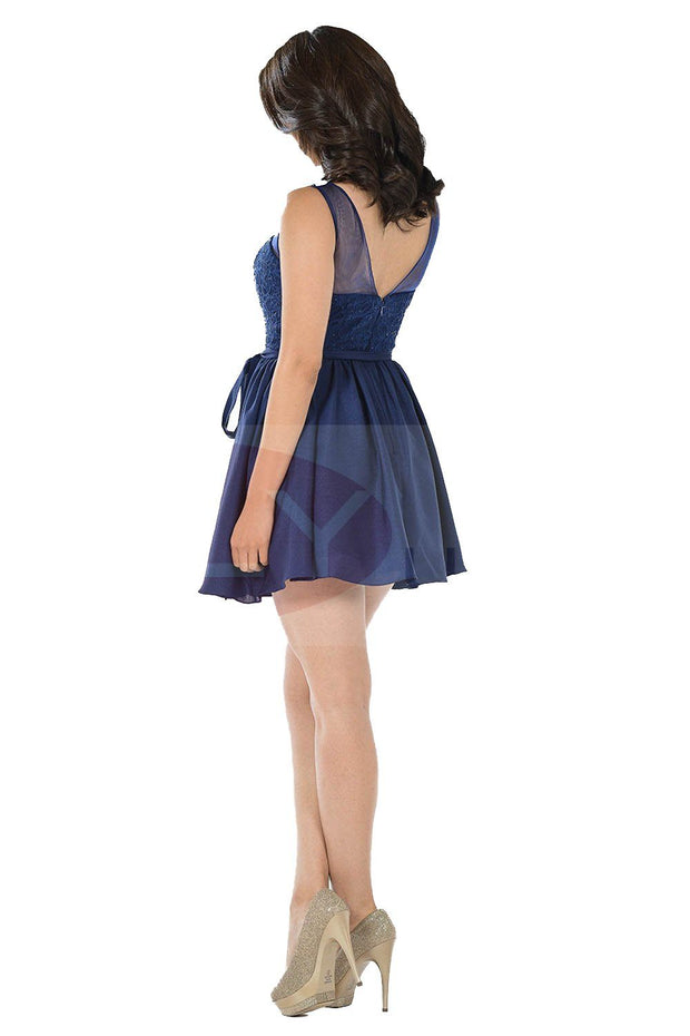 Short White Dress with Illusion Lace Bodice by Poly USA-Short Cocktail Dresses-ABC Fashion