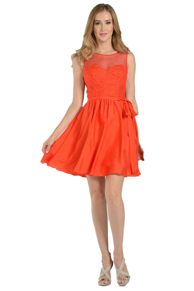 Short White Dress with Illusion Lace Bodice by Poly USA-Short Cocktail Dresses-ABC Fashion