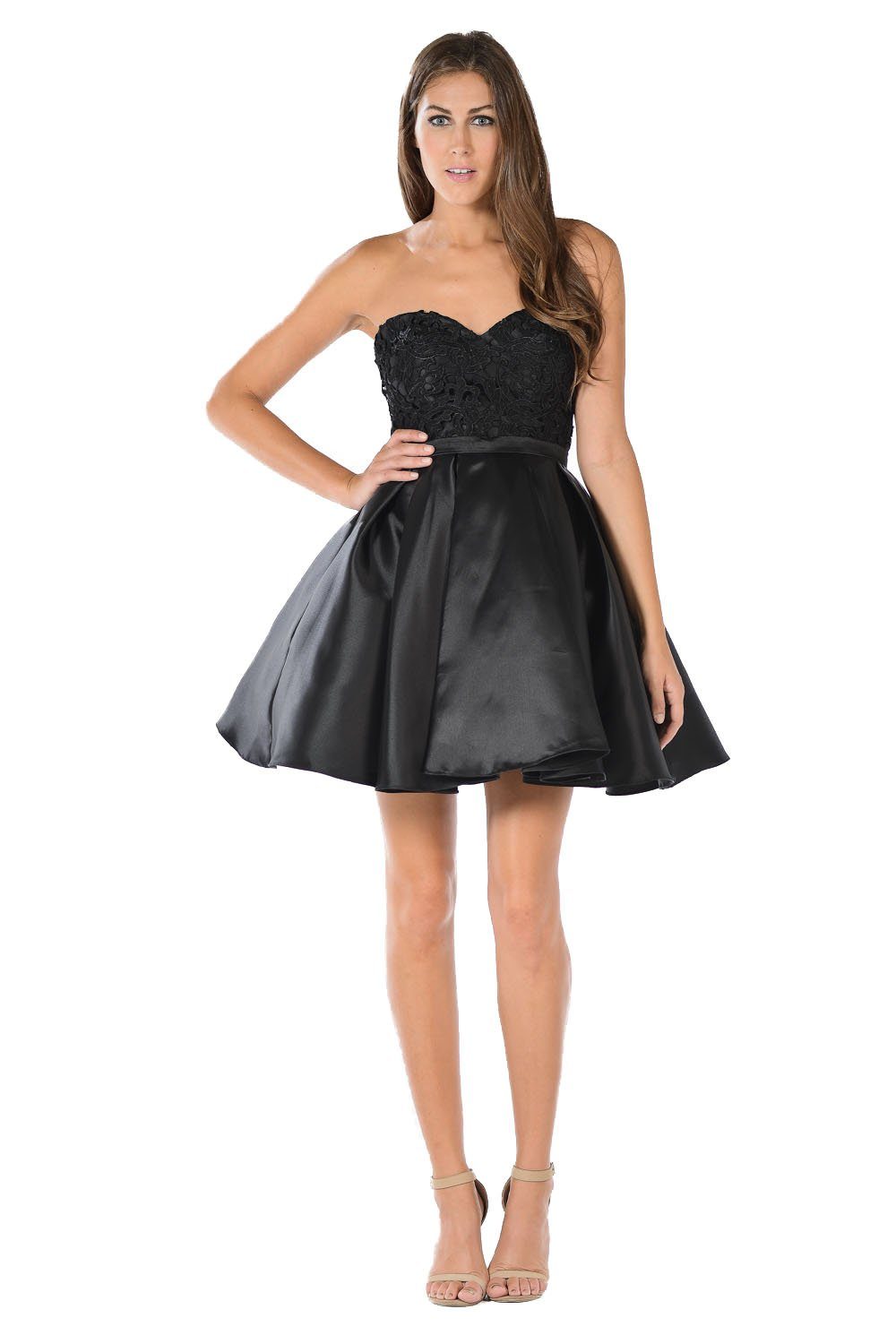 Short White Strapless Dress with Lace Bodice by Poly USA-Short Cocktail Dresses-ABC Fashion