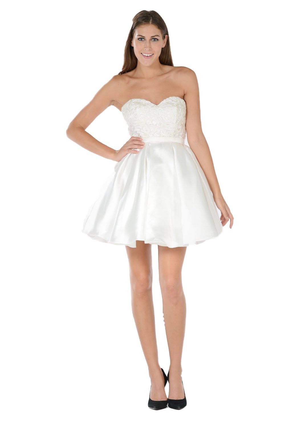 Short White Strapless Dress with Lace Bodice by Poly USA-Short Cocktail Dresses-ABC Fashion