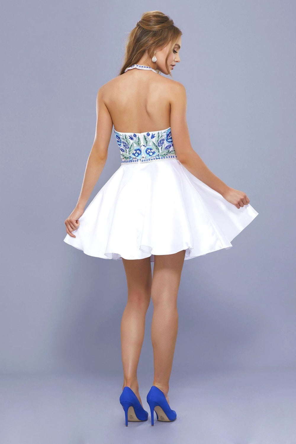 Short White Two Piece Dress with Floral Top by Nox Anabel 6330-Short Cocktail Dresses-ABC Fashion