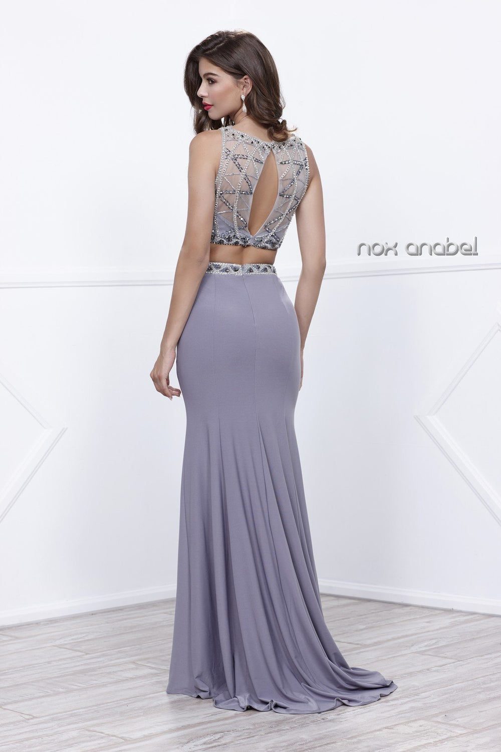 Silver Beaded Halter Crop Top Illusion Dress by Nox Anabel 8223-Long Formal Dresses-ABC Fashion
