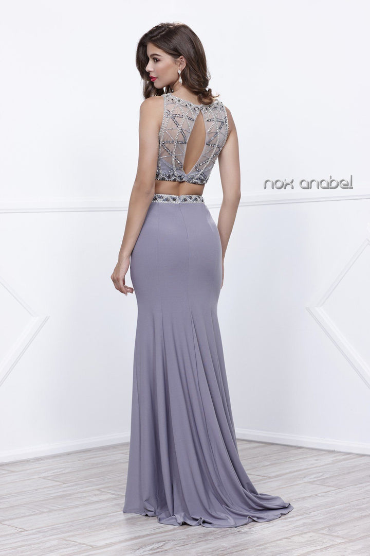 Silver Beaded Halter Crop Top Illusion Dress by Nox Anabel 8223-Long Formal Dresses-ABC Fashion
