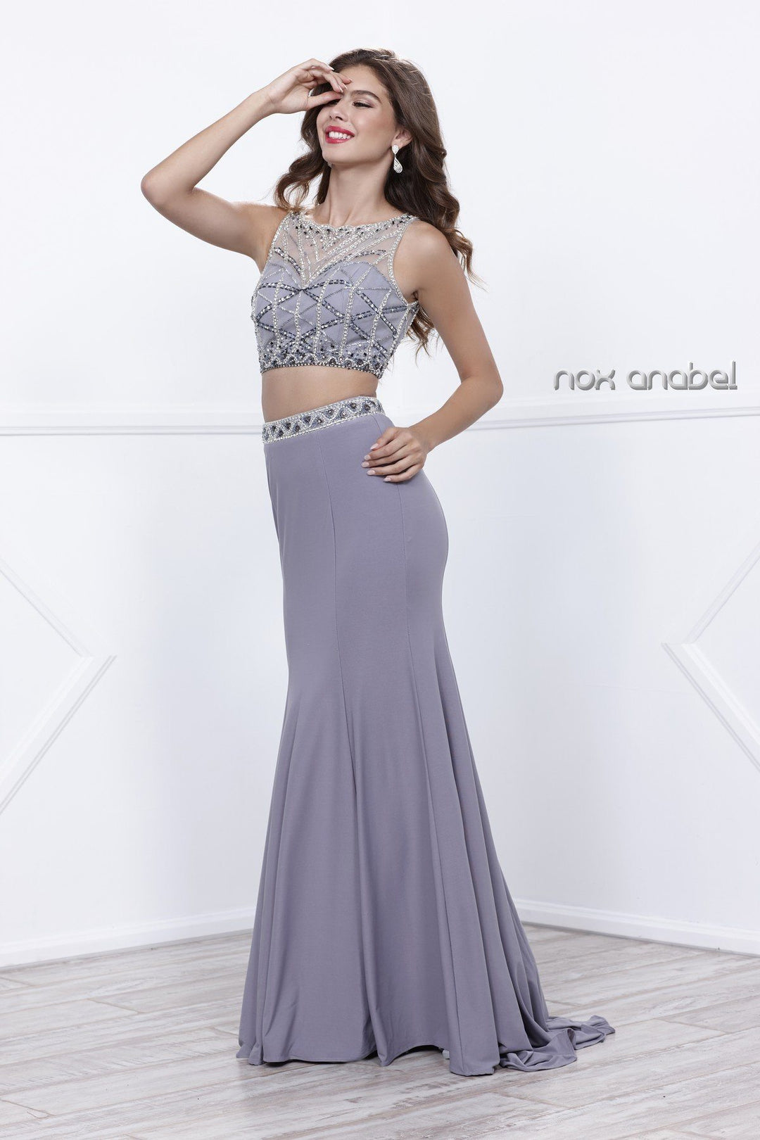 Silver Beaded Halter Crop Top Illusion Dress by Nox Anabel 8223-Long Formal Dresses-ABC Fashion
