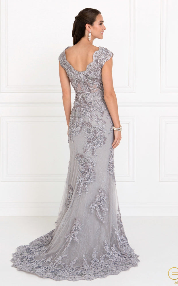 Silver Cap Sleeve Lace Mermaid Gown by Elizabeth K GL1540-Long Formal Dresses-ABC Fashion
