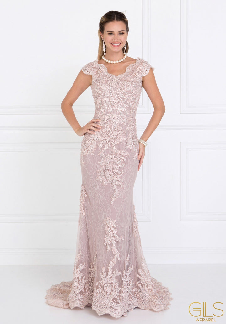 Silver Cap Sleeve Lace Mermaid Gown by Elizabeth K GL1540-Long Formal Dresses-ABC Fashion