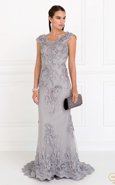 Silver Cap Sleeve Lace Mermaid Gown by Elizabeth K GL1540-Long Formal Dresses-ABC Fashion
