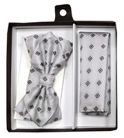 Silver Diamond Pattern Bow Tie with Pocket Square (Pointed Tip)-Men's Bow Ties-ABC Fashion