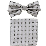 Silver Diamond Pattern Bow Tie with Pocket Square (Pointed Tip)-Men's Bow Ties-ABC Fashion