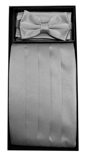 Silver Poly Satin Cummerbund, Bow Tie, and Hanky Set-Men's Cummerbund-ABC Fashion