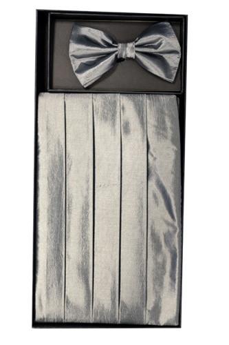 Silver Polyester Cummerbund and Bow Tie Set-Men's Cummerbund-ABC Fashion