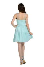 Silver Short Sleeveless Illusion Dress with Bow by Poly USA-Short Cocktail Dresses-ABC Fashion