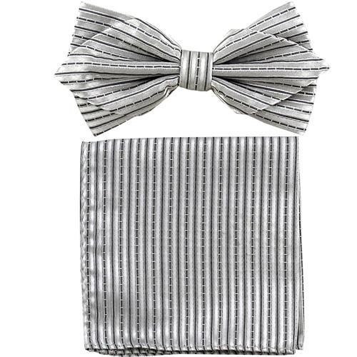Silver Striped Bow Tie with Pocket Square (Pointed Tip)-Men's Bow Ties-ABC Fashion
