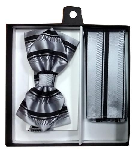 Silver/Black Striped Bow Tie with Pocket Square (Pointed Tip)-Men's Bow Ties-ABC Fashion