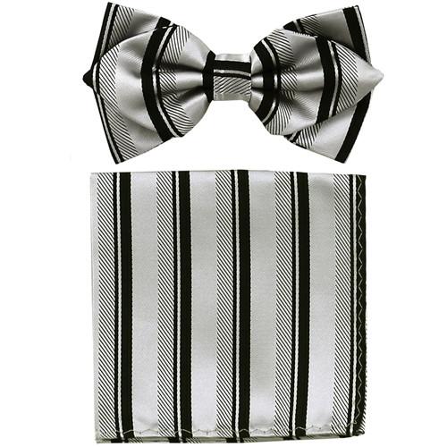Silver/Black Striped Bow Tie with Pocket Square (Pointed Tip)-Men's Bow Ties-ABC Fashion