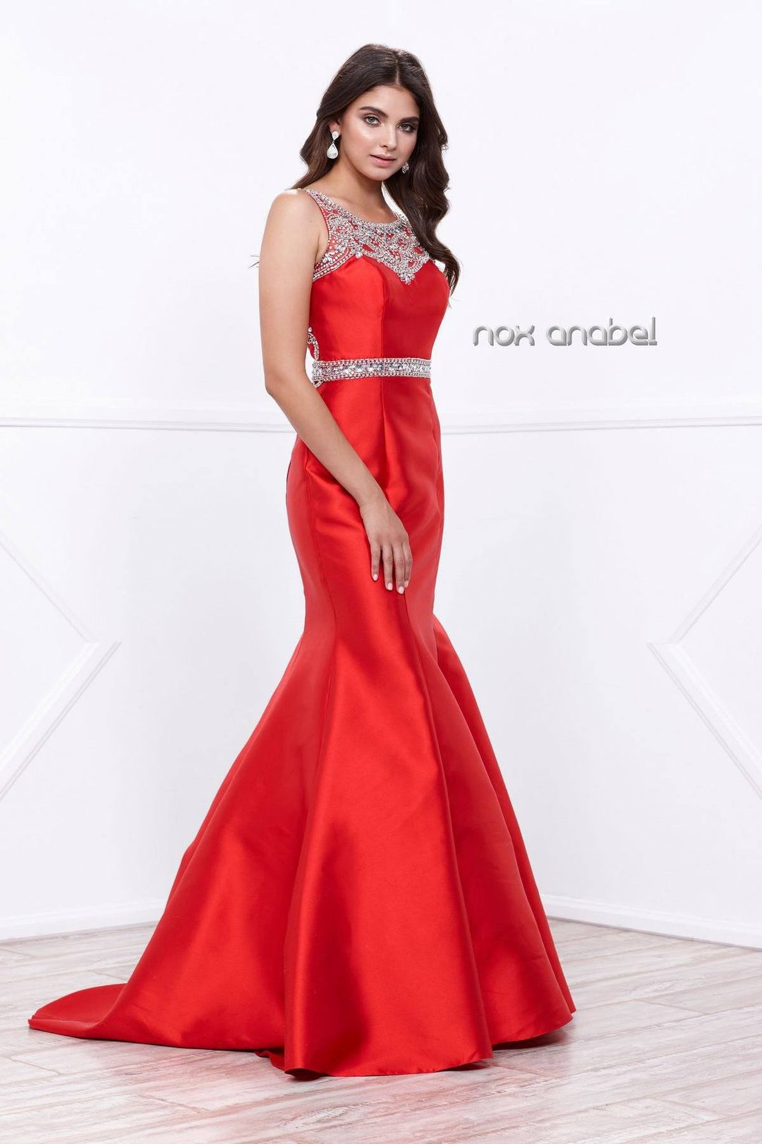 Sleeveless Beaded Mermaid Dress by Nox Anabel 8299-Long Formal Dresses-ABC Fashion