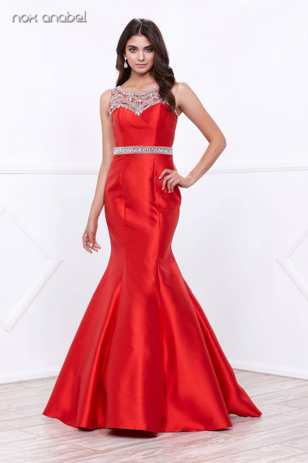 Sleeveless Beaded Mermaid Dress by Nox Anabel 8299-Long Formal Dresses-ABC Fashion