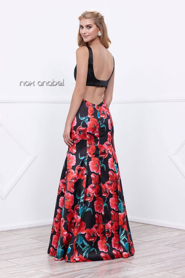Sleeveless Black Dress with Red Floral Print by Nox Anabel 8354-Long Formal Dresses-ABC Fashion