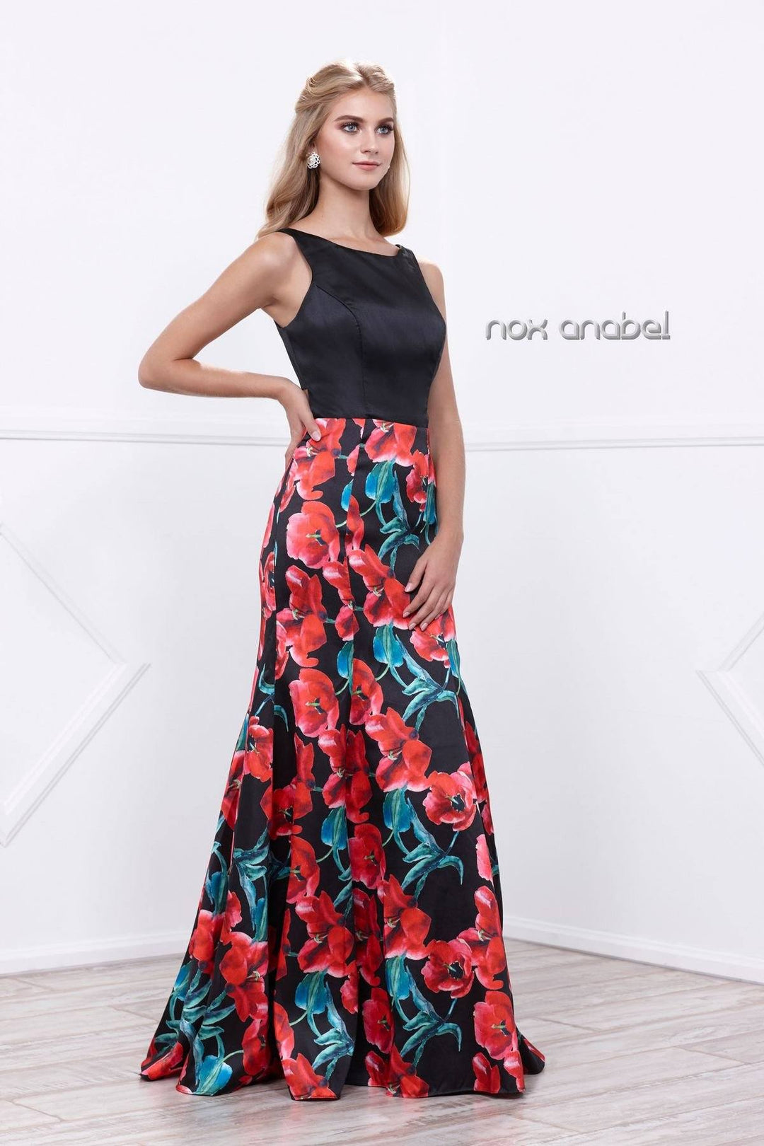 Sleeveless Black Dress with Red Floral Print by Nox Anabel 8354-Long Formal Dresses-ABC Fashion