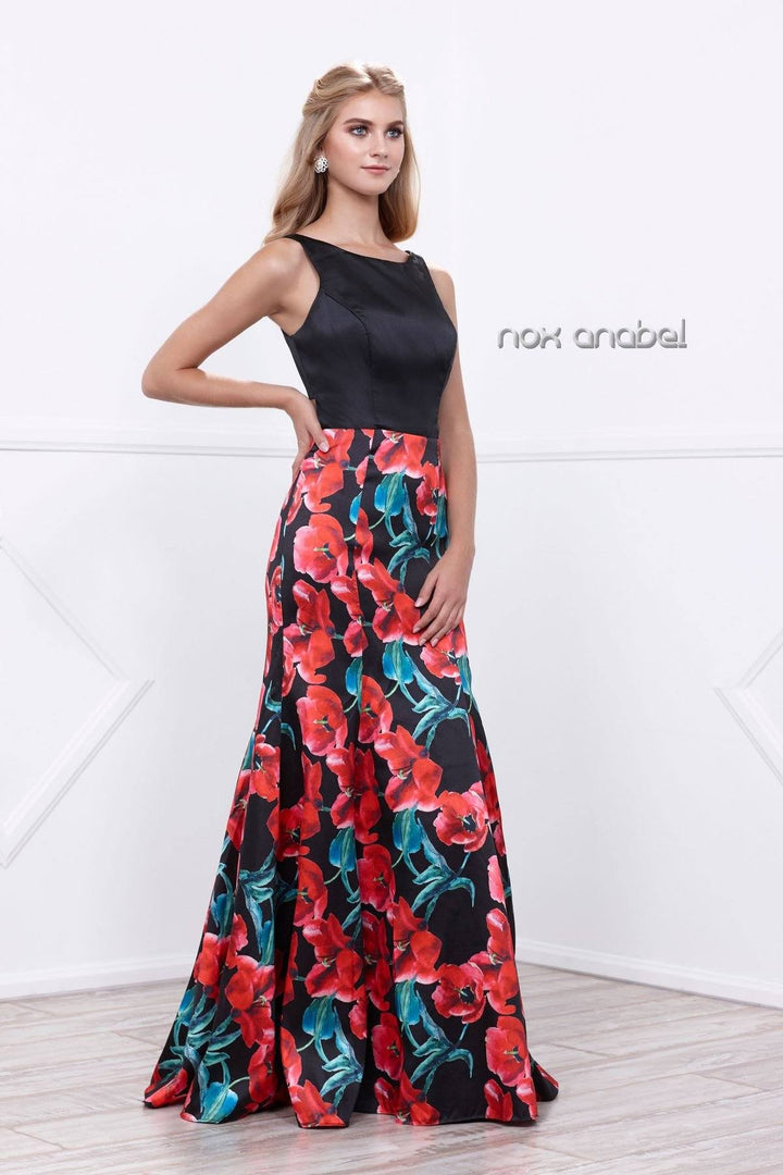 Sleeveless Black Dress with Red Floral Print by Nox Anabel 8354-Long Formal Dresses-ABC Fashion