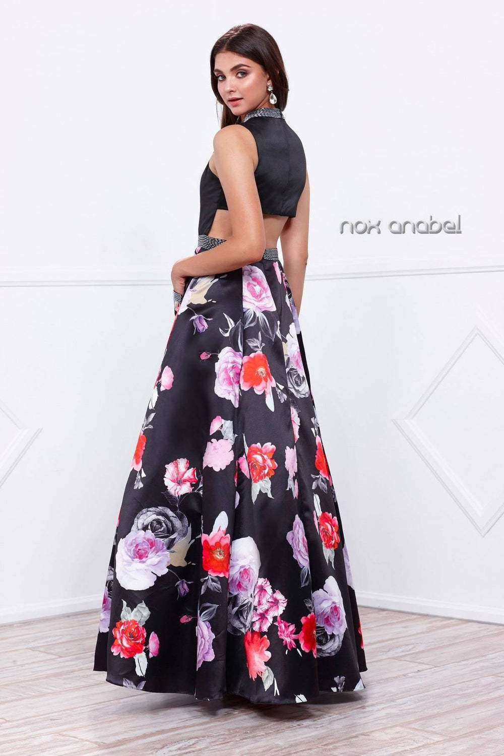 Sleeveless Black/Red/Purple Floral Print Dress by Nox Anabel 8289-Long Formal Dresses-ABC Fashion