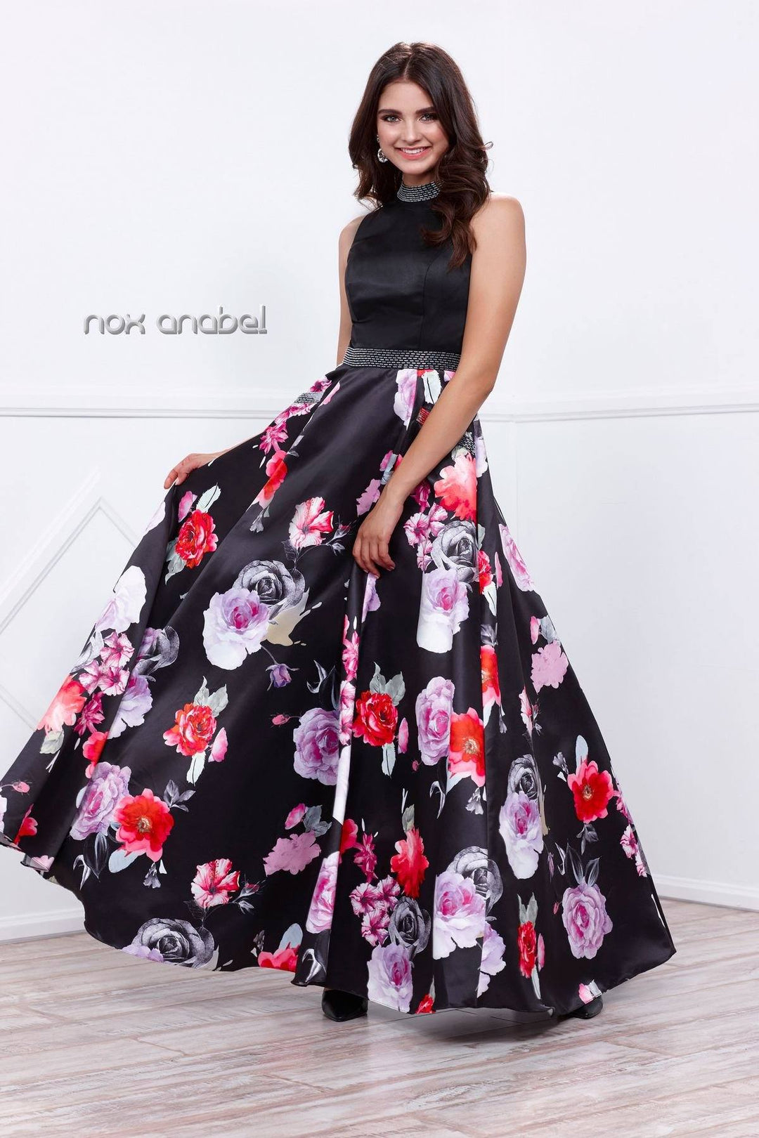 Sleeveless Black/Red/Purple Floral Print Dress by Nox Anabel 8289-Long Formal Dresses-ABC Fashion