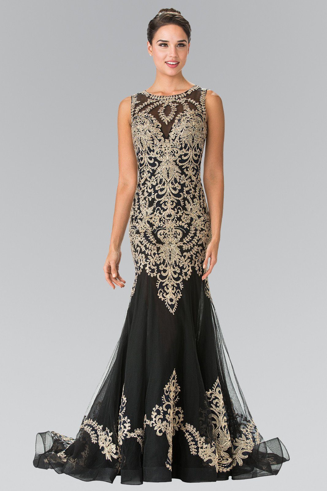 Sleeveless Embroidered Dress with Small Train by Elizabeth K GL2307-Long Formal Dresses-ABC Fashion