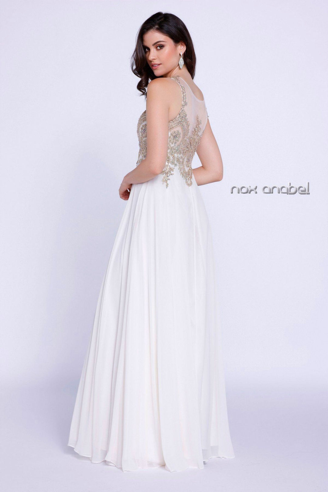 Sleeveless Illusion Dress with Appliques by Nox Anabel 8255-Long Formal Dresses-ABC Fashion