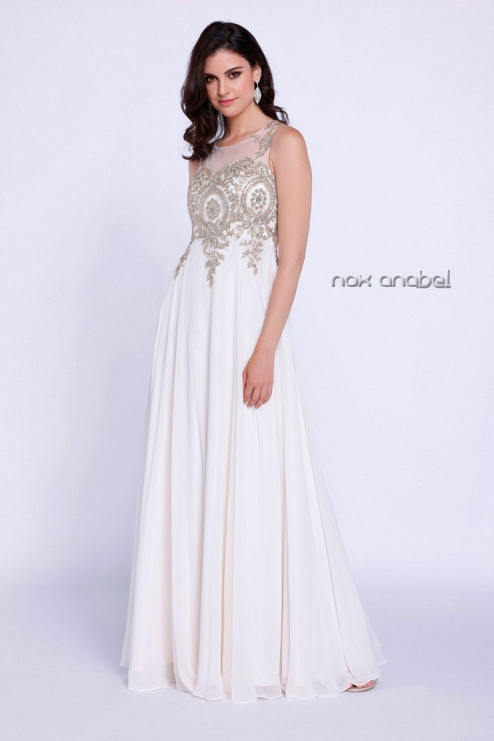 Sleeveless Illusion Dress with Appliques by Nox Anabel 8255-Long Formal Dresses-ABC Fashion