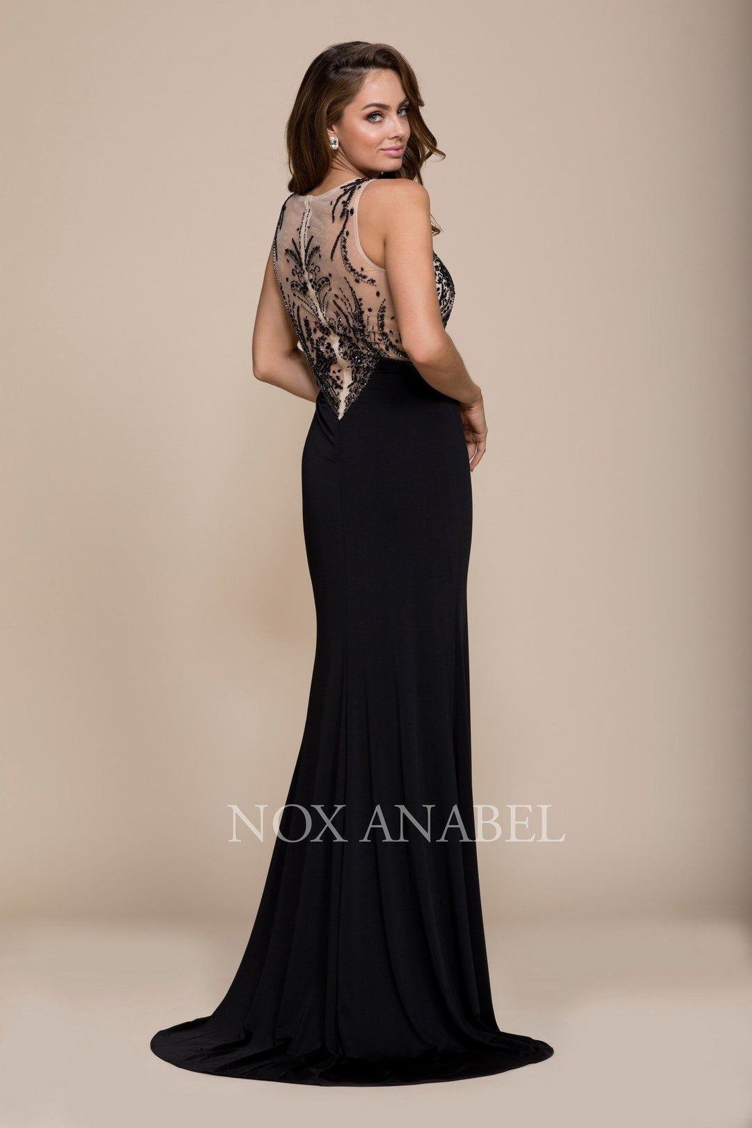 Sleeveless Illusion Dress with Beaded Embroidery by Nox Anabel 8216-Long Formal Dresses-ABC Fashion
