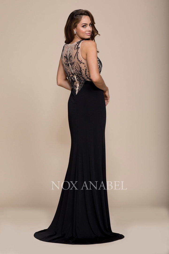 Sleeveless Illusion Dress with Beaded Embroidery by Nox Anabel 8216-Long Formal Dresses-ABC Fashion