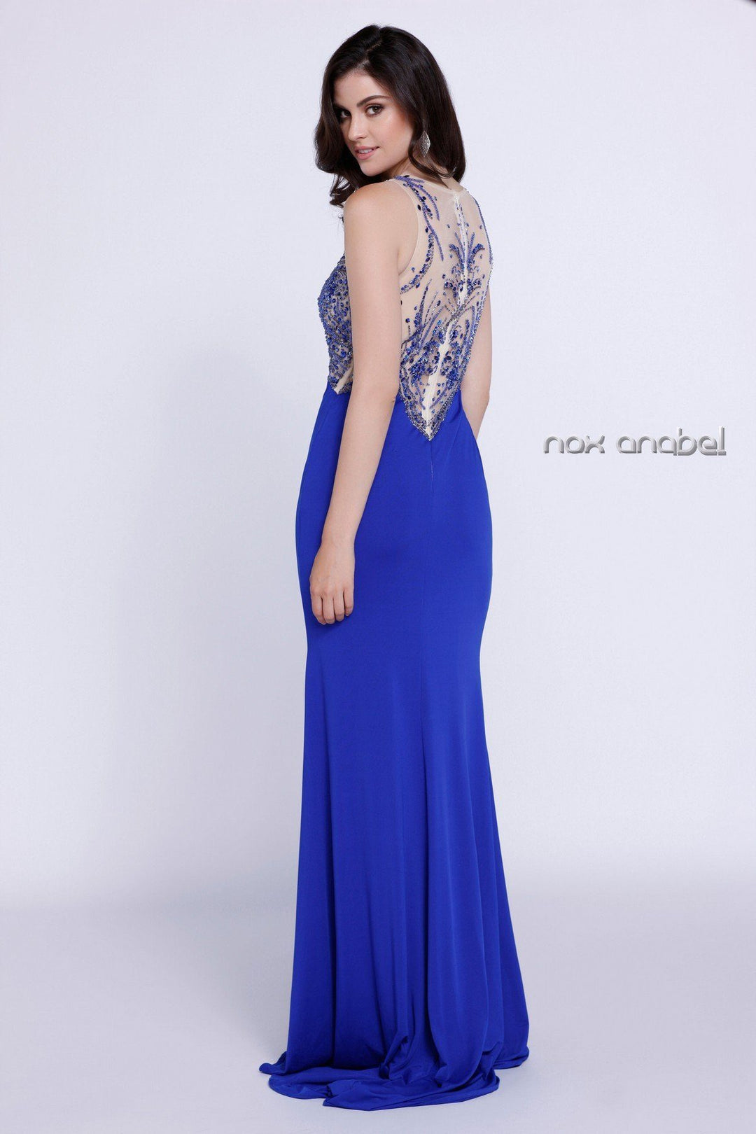Sleeveless Illusion Dress with Beaded Embroidery by Nox Anabel 8216-Long Formal Dresses-ABC Fashion