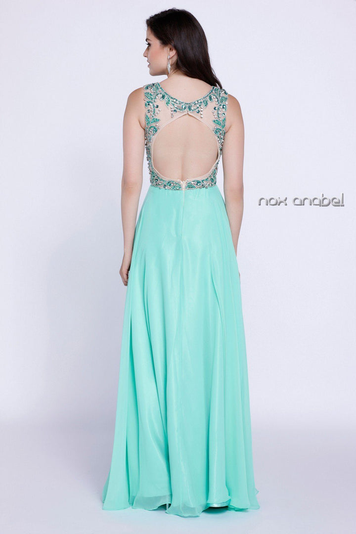 Sleeveless Illusion Dress with Beaded Embroidery by Nox Anabel 8235-Long Formal Dresses-ABC Fashion