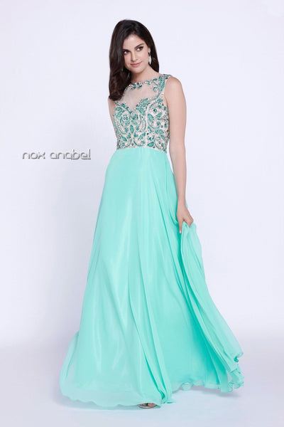 Sleeveless Illusion Dress with Beaded Embroidery by Nox Anabel 8235-Long Formal Dresses-ABC Fashion