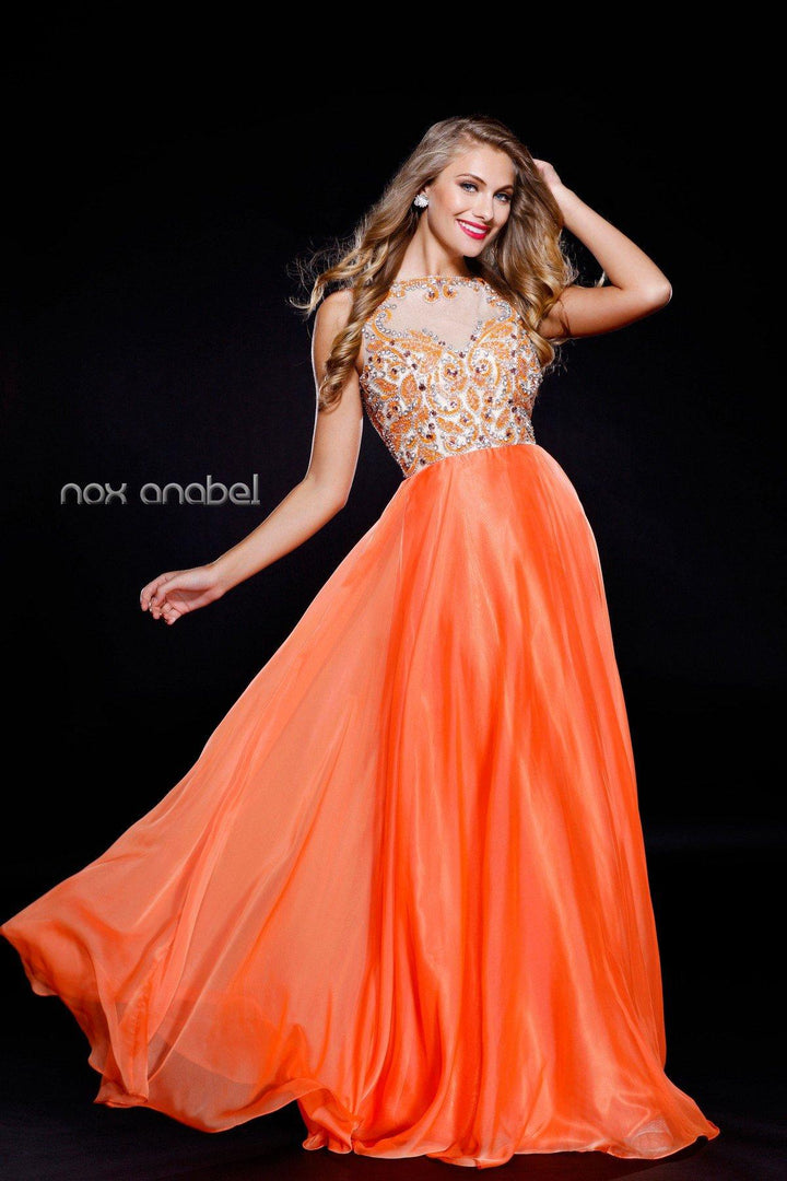 Sleeveless Illusion Dress with Beaded Embroidery by Nox Anabel 8235-Long Formal Dresses-ABC Fashion