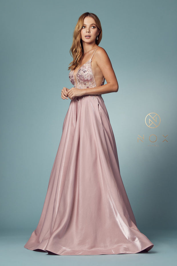 Sleeveless Iridescent A-line Gown by Nox Anabel E1004