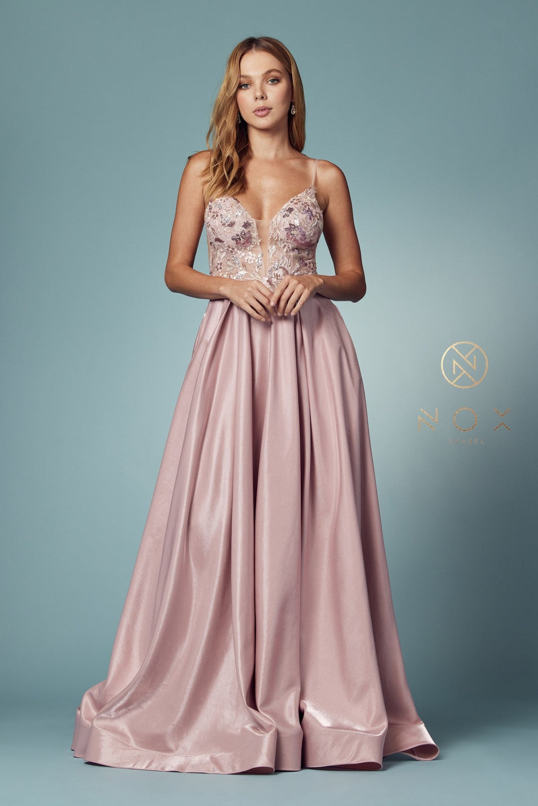 Sleeveless Iridescent A-line Gown by Nox Anabel E1004