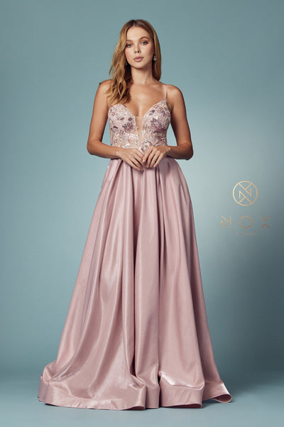 Sleeveless Iridescent A-line Gown by Nox Anabel E1004